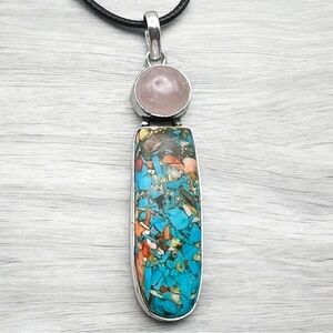 New Rose Quartz Crystal Stone Crystal Spiny Oyster Silver Overlay Pendant w Cord